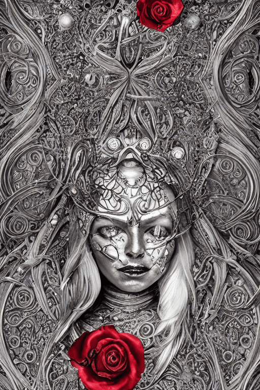 AI generated: blonde girl in a cosmic dress,  ornate, rococo, grotesque, zbrush art, majestic, organics, silver fi...