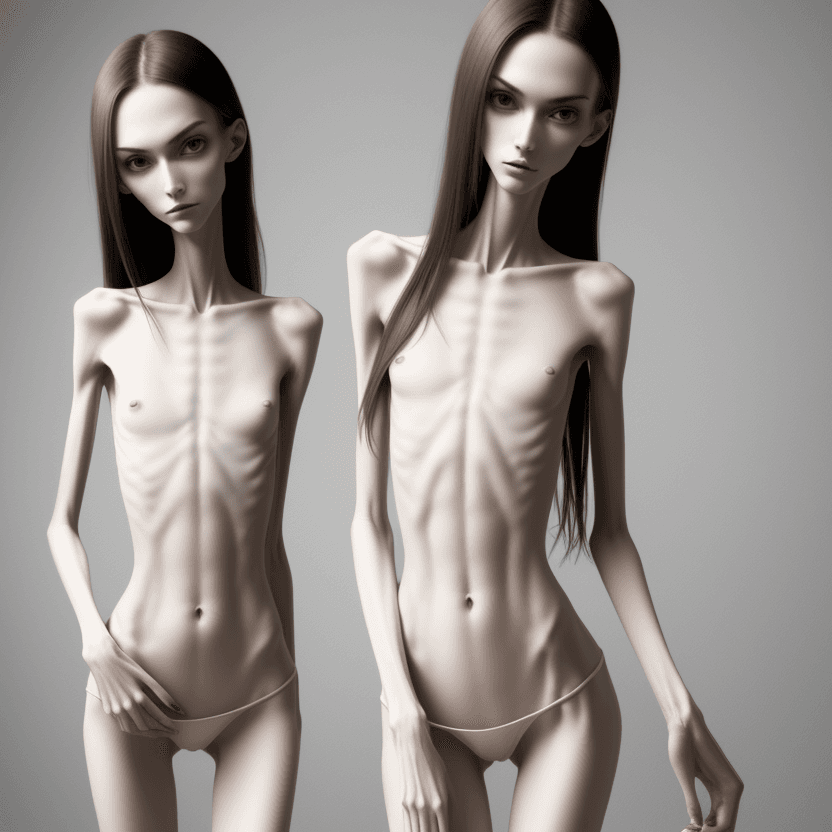 AI generated: extreme beautiful skinny slender (almost anorexic)  girl with skinny slender thighs narrow, long fin...