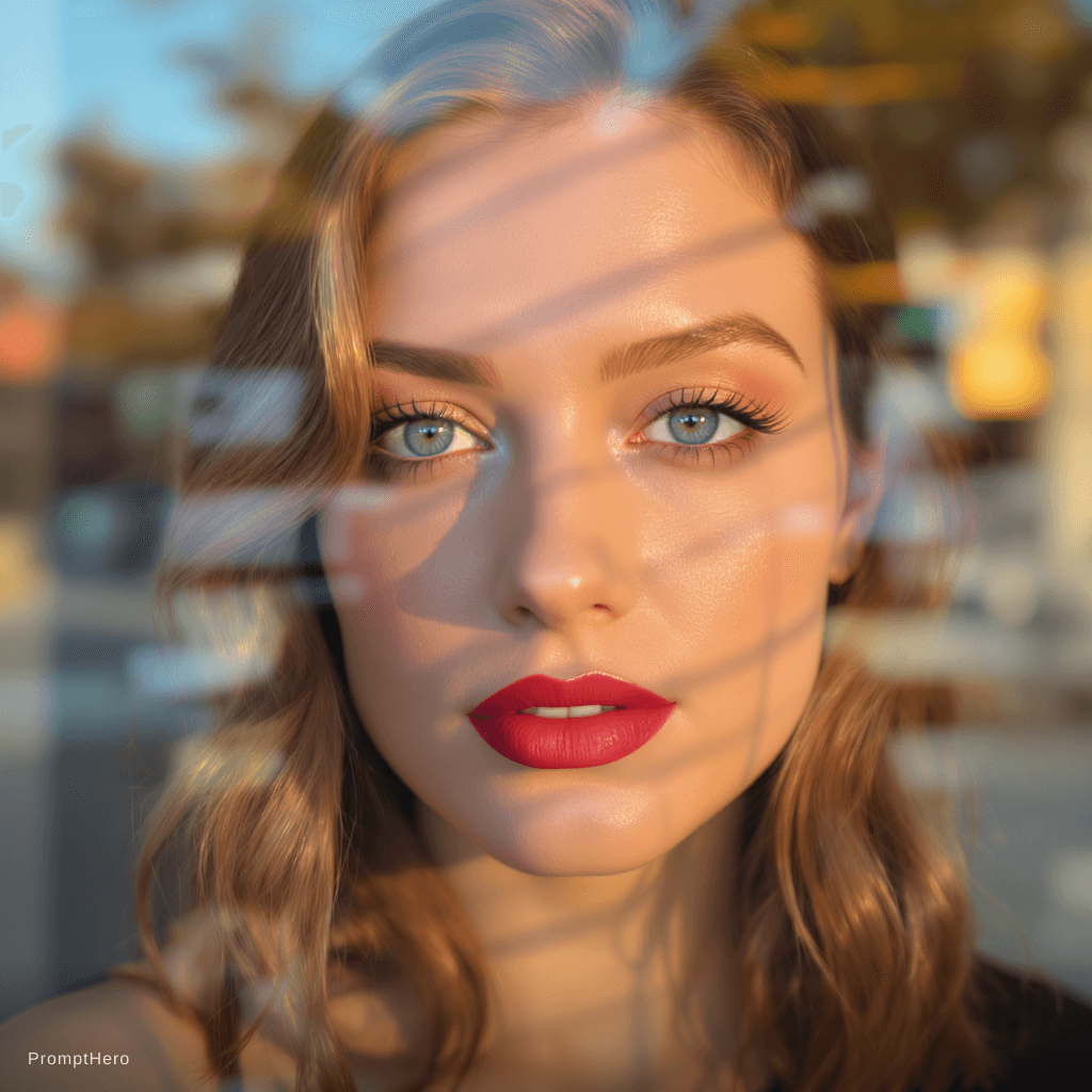 AI generated: A close-up portrait of a woman with warm-toned, shoulder-length wavy hair and striking blue-green ey...