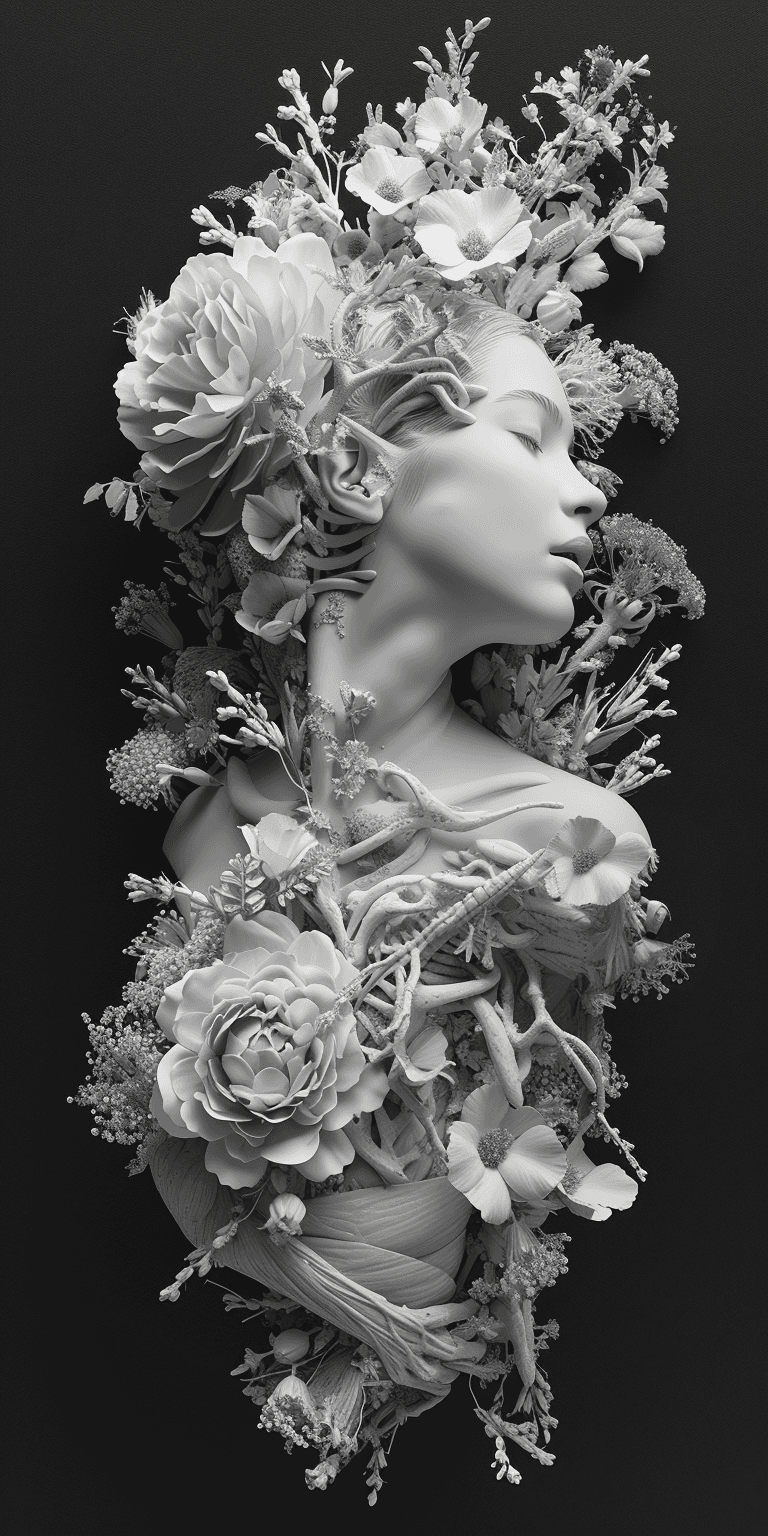 AI generated: 3d woman in flowers with human and flower shaped branches, in the style of medical imaging film., se...