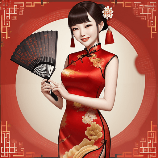 AI generated: A beautiful Chinese woman in a cheongsam is curvacious and smiling with a folding fan