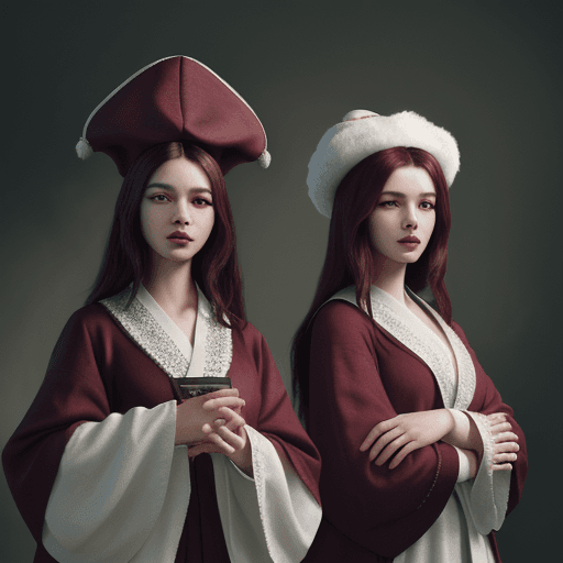 AI generated: a picture of two people, wearing cloth hats and robes, in the style of realistic animal portraits, u...