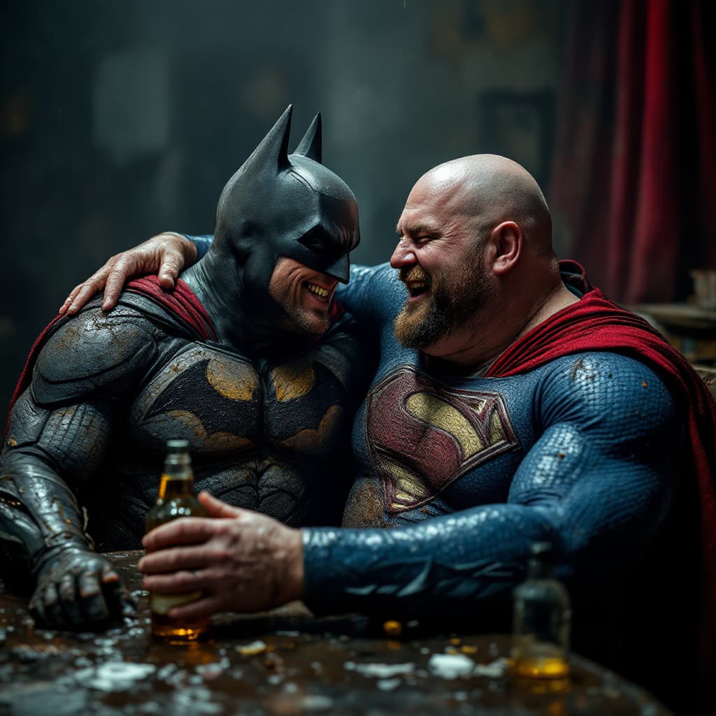 AI generated: photography, medium shot of a batman and superman bald  drunk, laughing very fat, the suits are mudd...