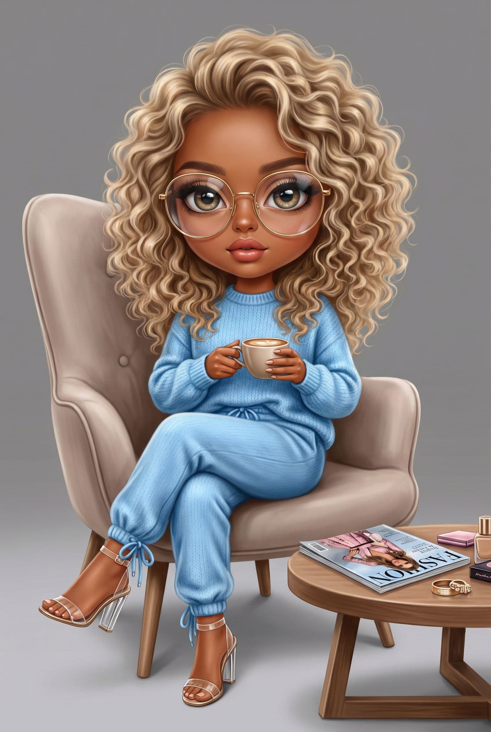 AI generated: European appearance realistic 18k airbrush chibi illustration of a beautiful glamorous quirky cartoo...
