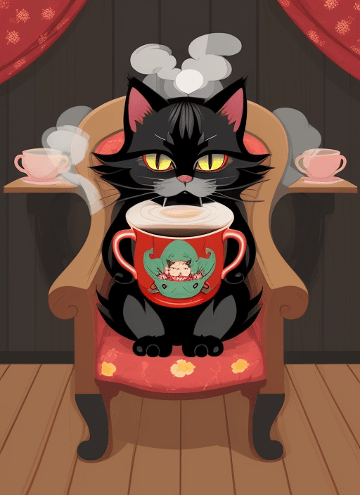 AI generated: A whimsical and vibrant vector illustration features a grumpy girl black cat in a cozy, cottage-core...