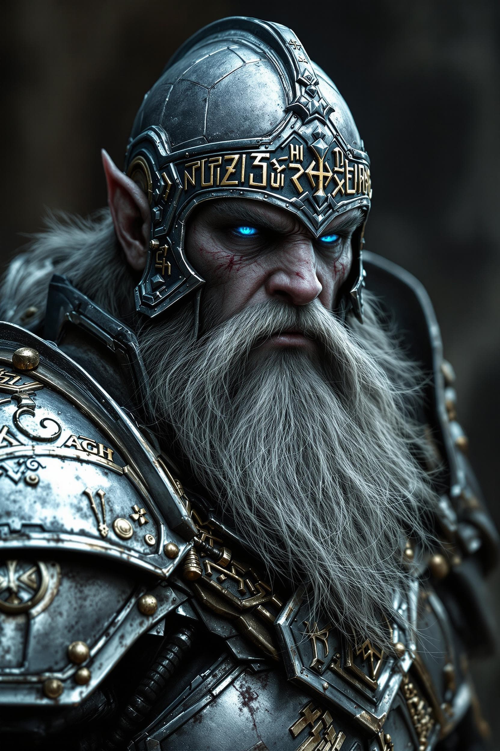 AI generated: High resolution photo portrait, grey skin dark dwarf fighter, badly burned, mechanical legs replaced...