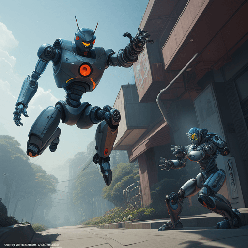 AI generated: 2 robot, fighting, ciberpunk, jumping, 4k, hyper realistic, focused, extreme details, unreal engine ...