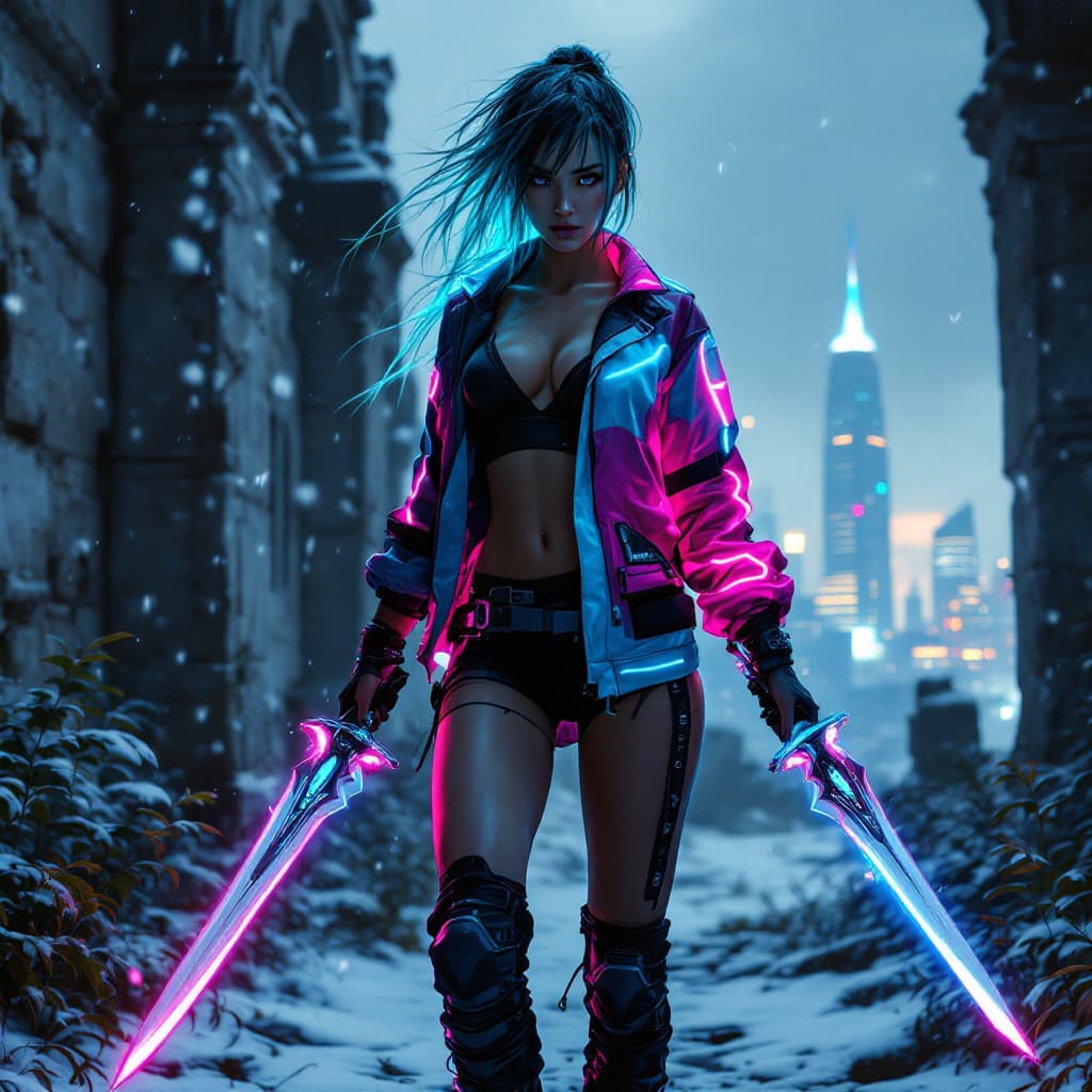AI generated: A smart, sporty young woman in cyberpunk style stands in a dilapidated monastery. She wears form-fit...