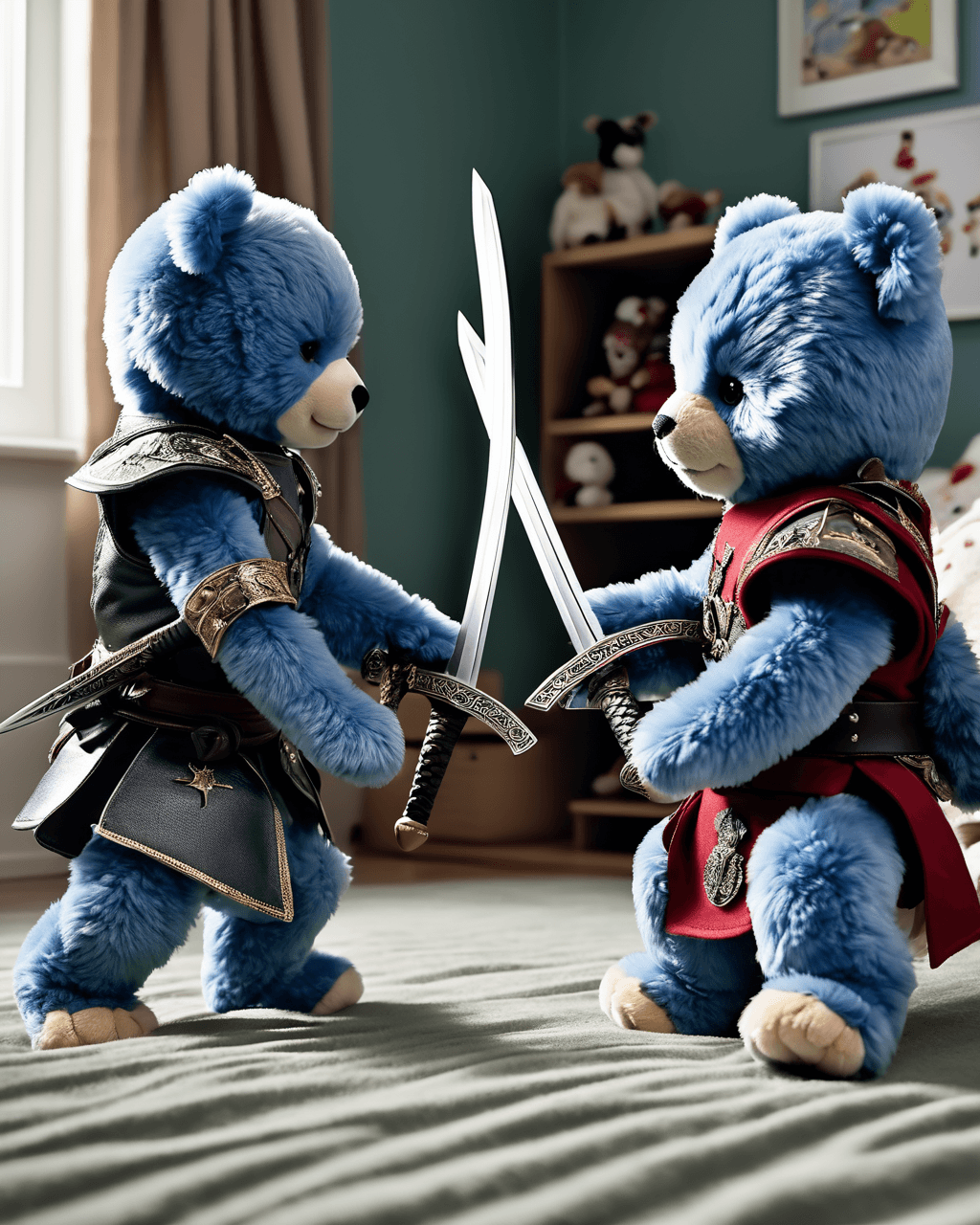 AI generated: (masterpiece,best quality)m two stuffed animals fighting each other with swords in a childs room, (m...