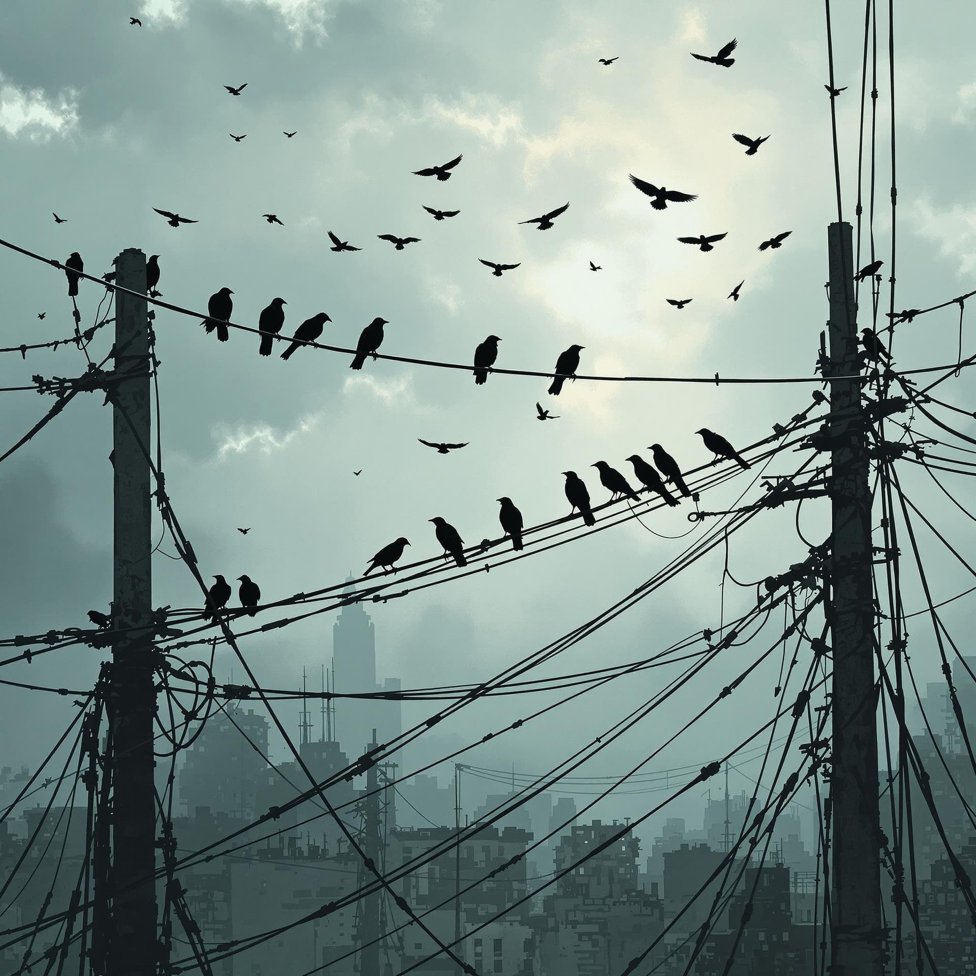 AI generated: Crows on a wire in a dystopian world