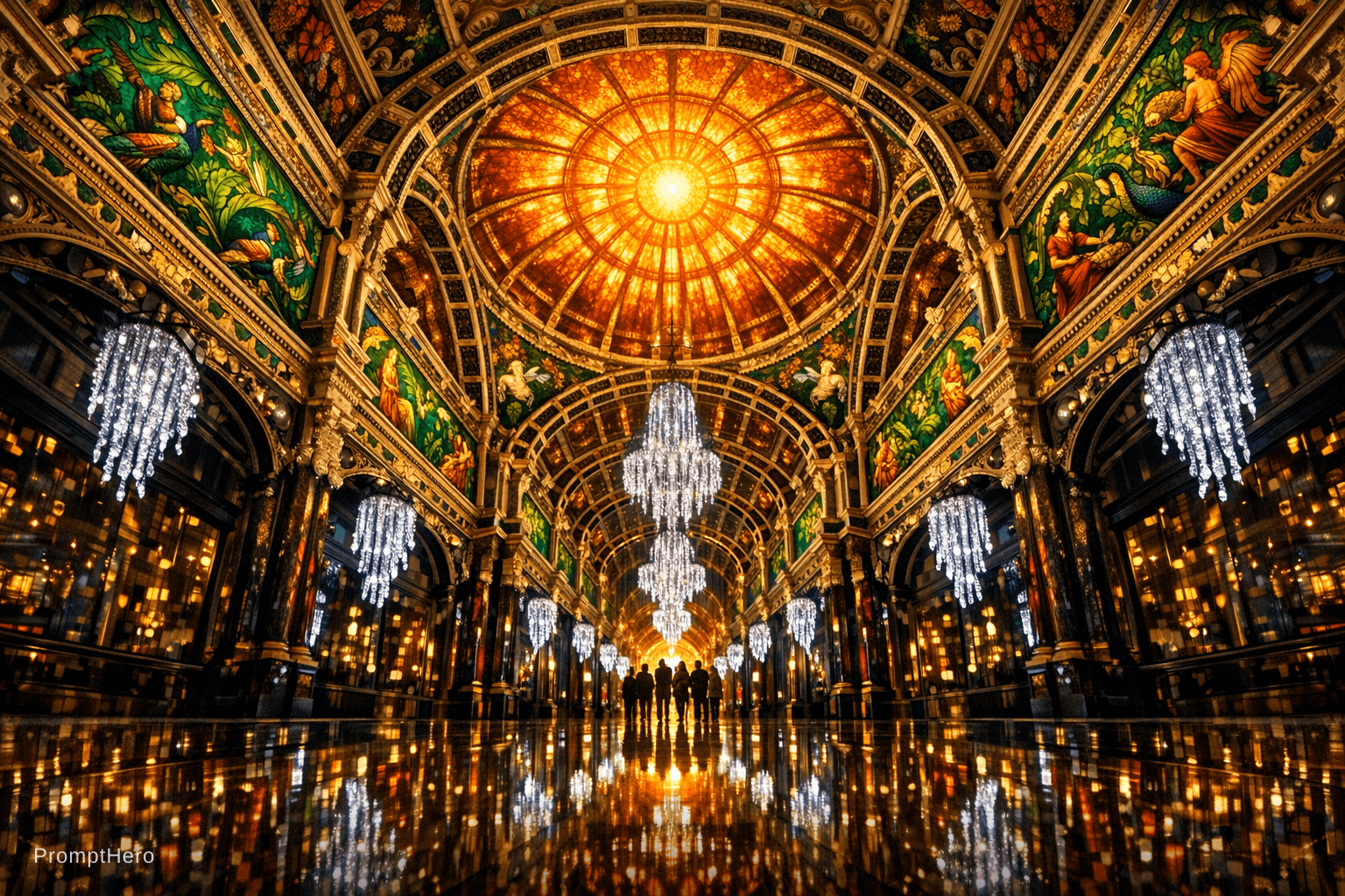 AI generated: A low upward-looking shot inside the County Arcade, the ornate Victorian ironwork and terracotta cei...