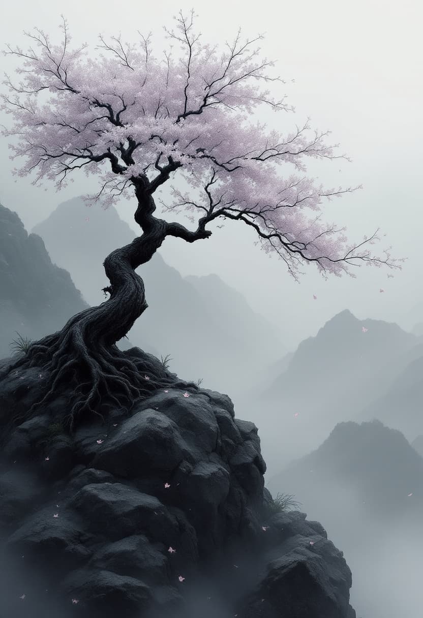 AI generated: A cinematic grayscale ink-style scene of a twisted sakura tree on a rocky hilltop, surrounded by lay...