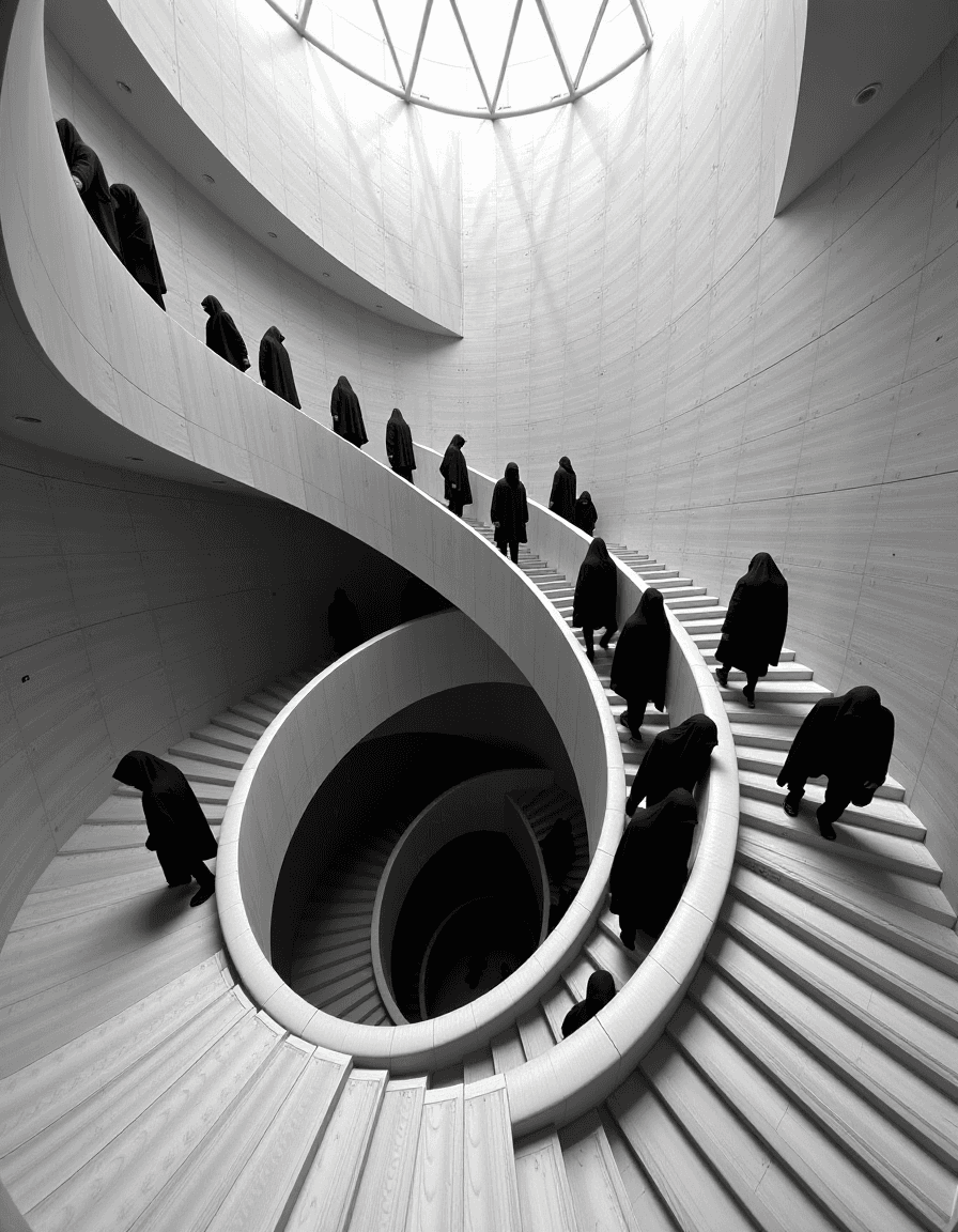 AI generated: "An infinite Escher-like staircase populated by featureless, cloaked figures endlessly ascending and...