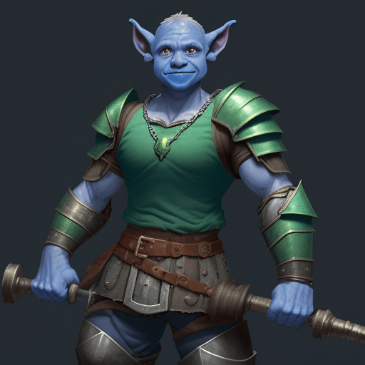 AI generated: a blue skinned 25 year old heroic half goblin in chain armor, and green shirt with a large hammer st...