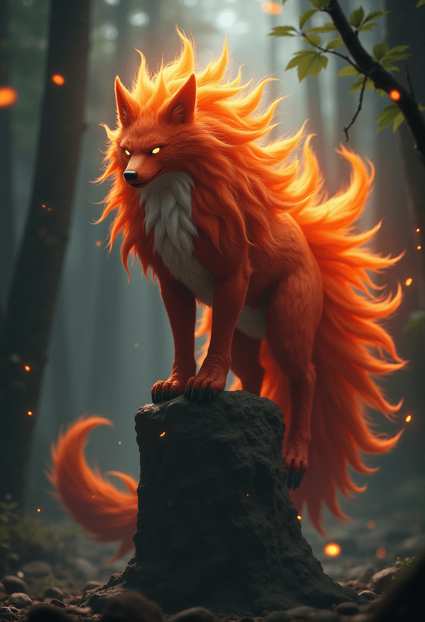 AI generated: In a dark, mystical forest, Kurama, the mighty nine-tailed fox demon, stands majestically on an anci...