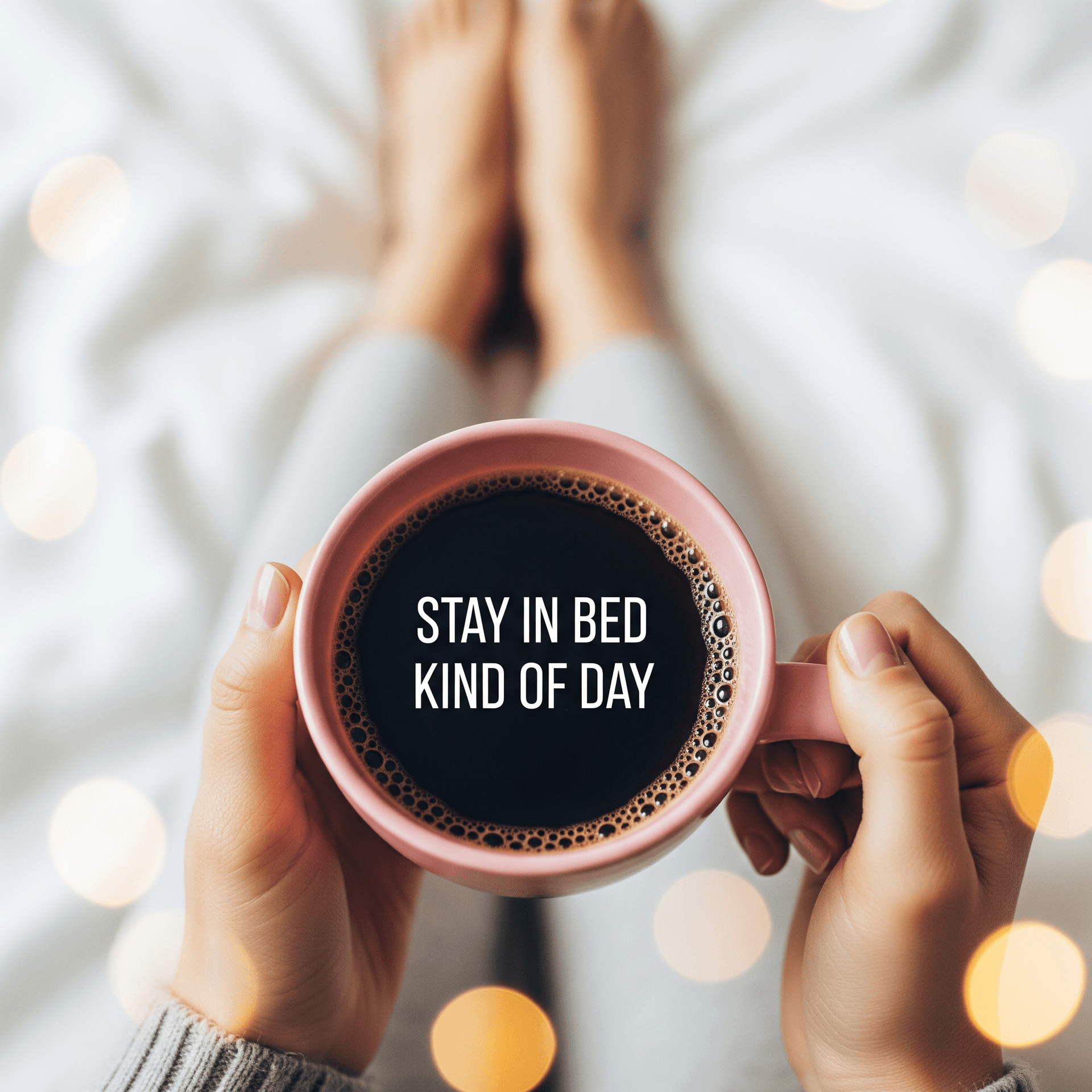 AI generated: A top-down close-up shot of a person holding a pink ceramic mug filled with dark coffee. The text "s...