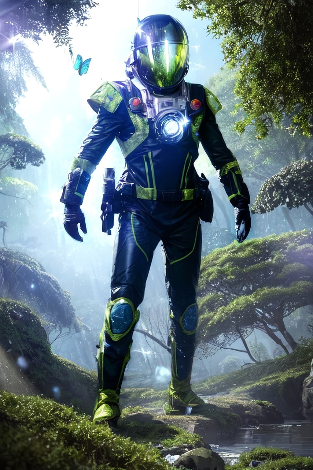 AI generated: spacesuit, a spaceship overgrown with moss and trees, an alien planet, bright alien butterflies, a j...