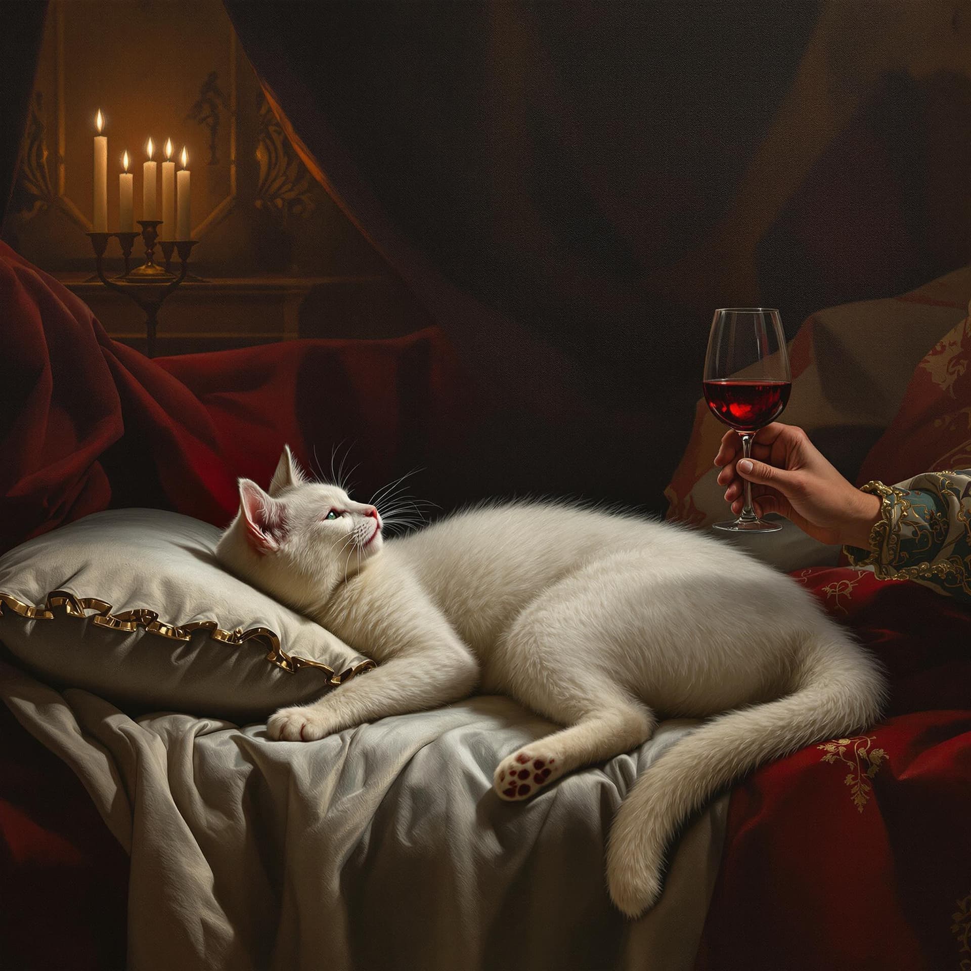 AI generated: white cat in Renaissance, laying in a luxury bed like a Madonna, drinking red vine, in a venician pa...
