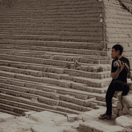 AI generated: young mexican man showing the pyramids of his ancestors, in an image taken using a Canon EOS R camer...