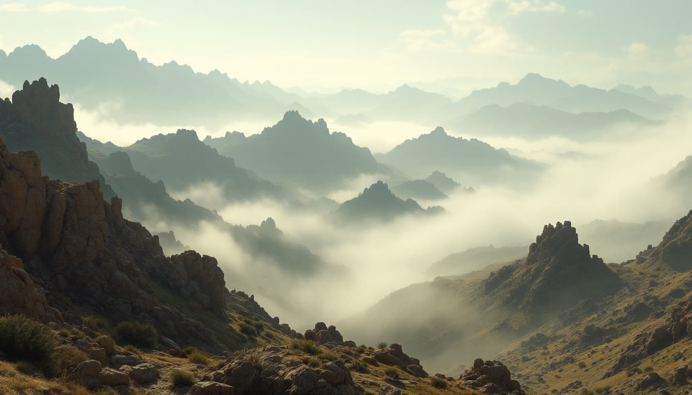 AI generated: Ultra-realistic .	High-angle shot of the mountains bathed in peace, the mist slowly clearing. [Faint...