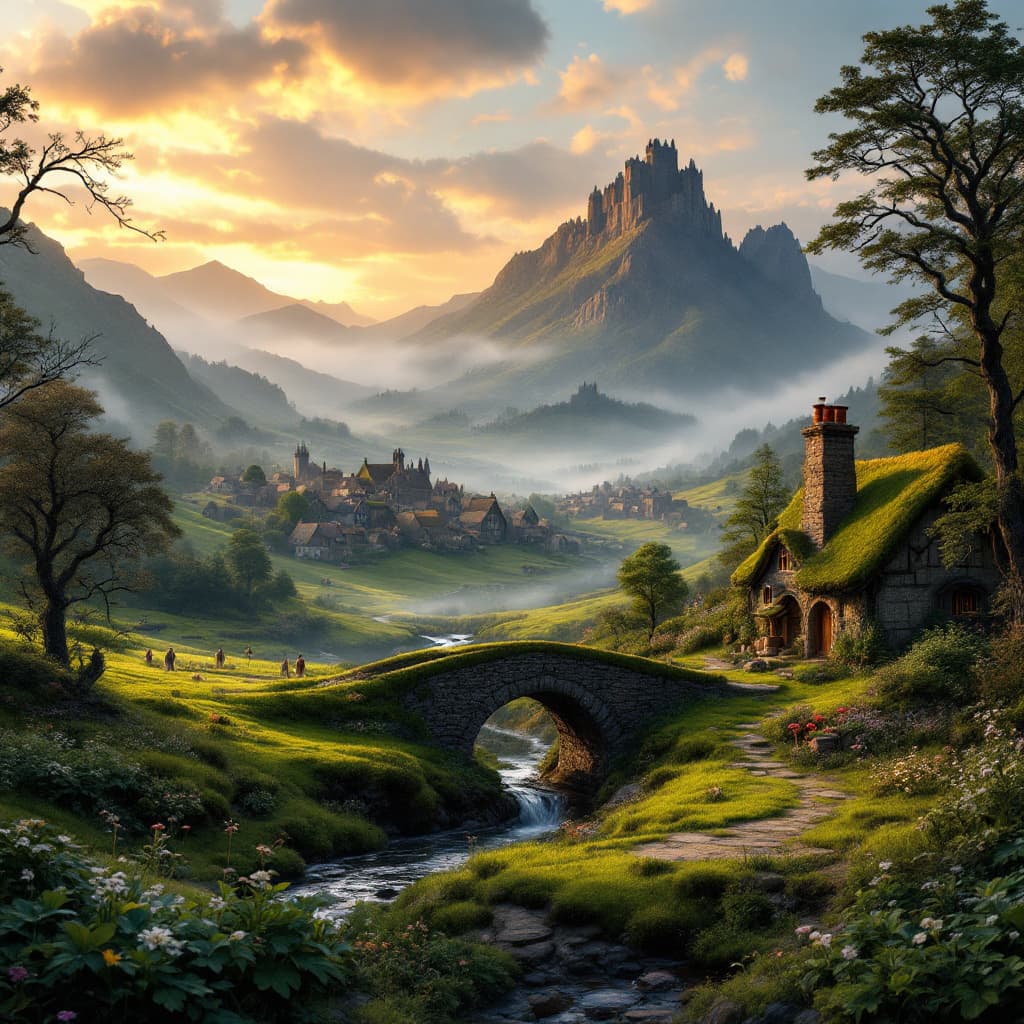 AI generated: Breathtaking panoramic view of a Scottish highlands inspired by Shrek's world; medieval fantasy land...