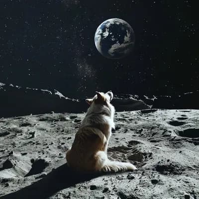 AI generated video: A dog on the moon turns it's head towards the camera, then back and looks up, the earth rotates abov...