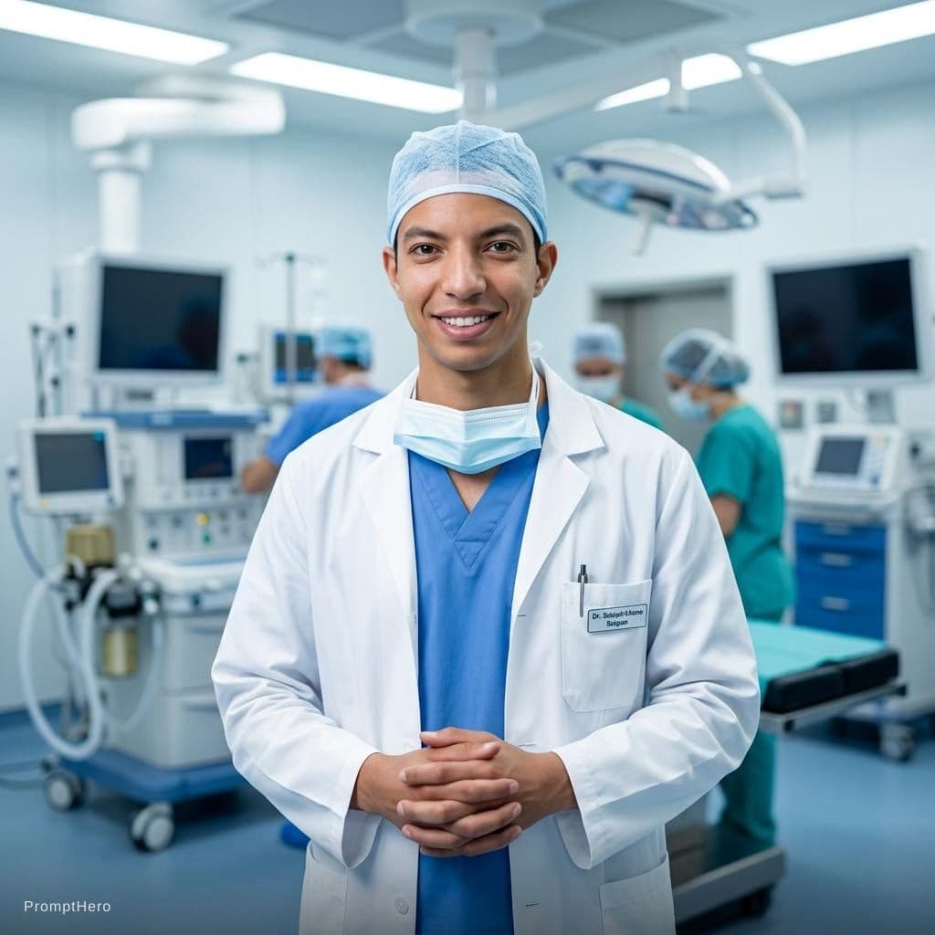 AI generated: "A hyper-realistic portrait of a professional surgeon wearing blue surgical scrubs, a clean white co...