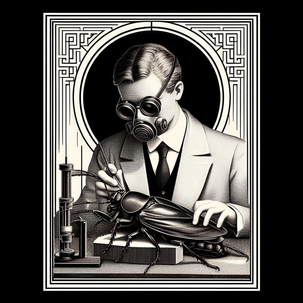 AI generated: art deco, square picture of a scientist dissecting a giant cockroach, black border