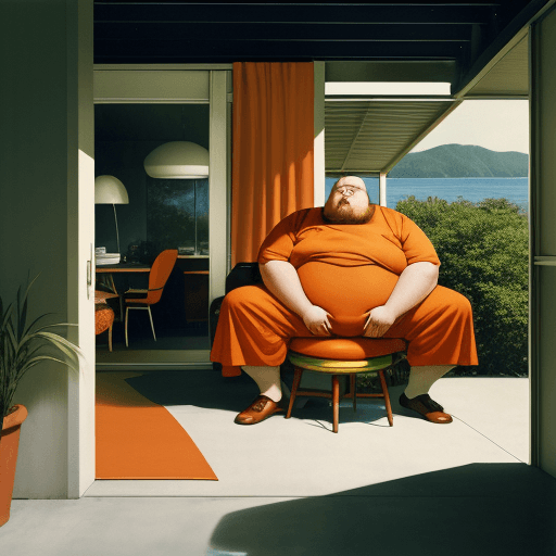 AI generated:  Hyper realistic eye level exterior photo of a mid century modern a portrait with face of a fat man ...