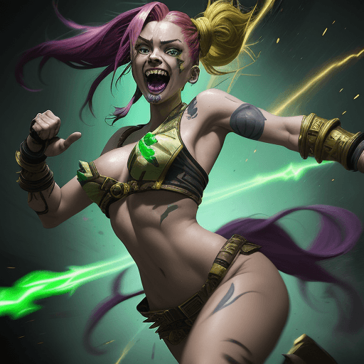 AI generated: painterly style, seductive female League of legends Jinx character fighting at war, raging, crazy sm...