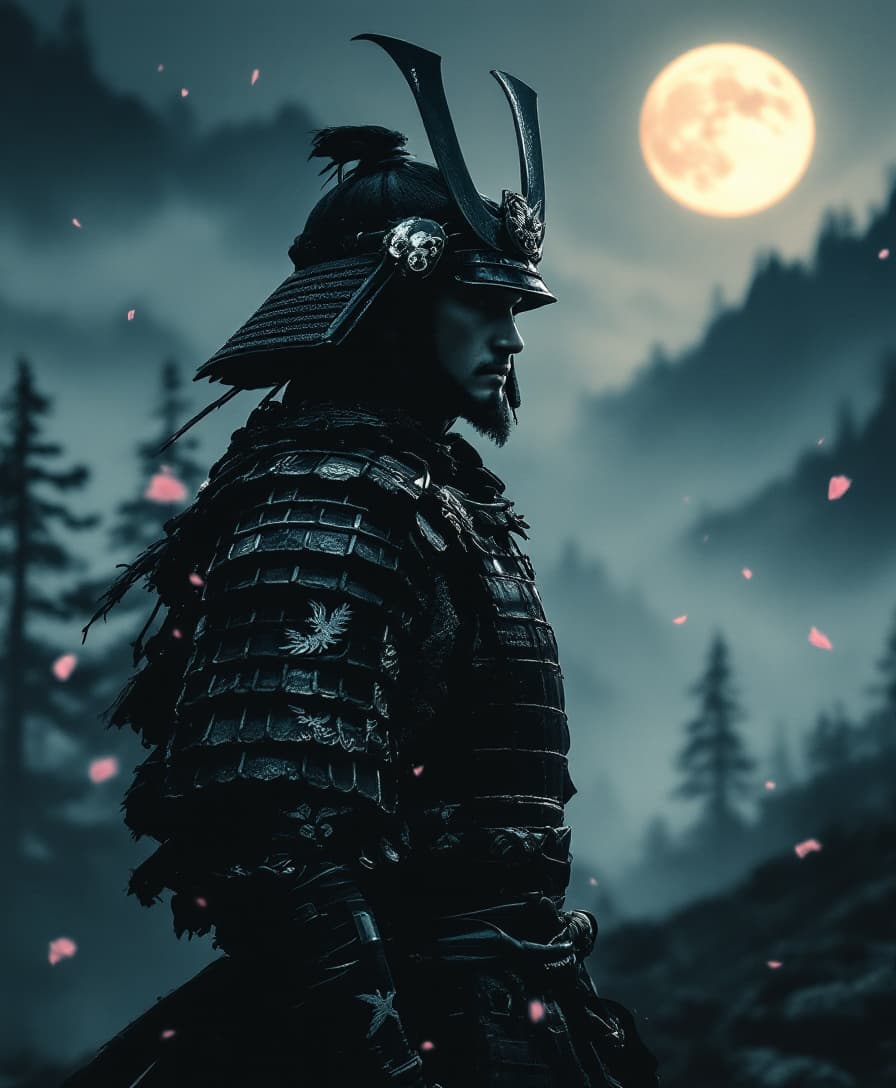 AI generated: a lone traditional samurai warrior standing in a misty mountain valley at night, wearing detailed bl...