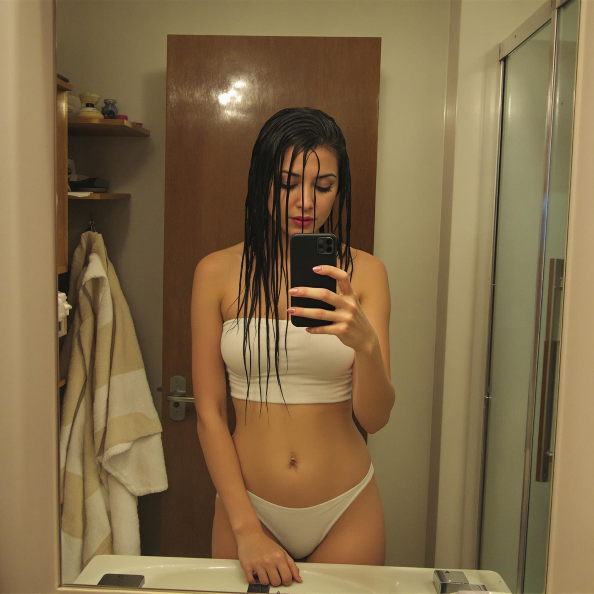 AI generated: low quality phone photo, , a girl  realistic, atracttive, sexy, amateur, credible, , truly, in bathr...