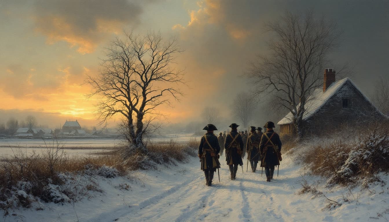 AI generated: rural winter scene, snow, (800 yards away) a small group of weary Napoleonic foot soldiers trudge al...