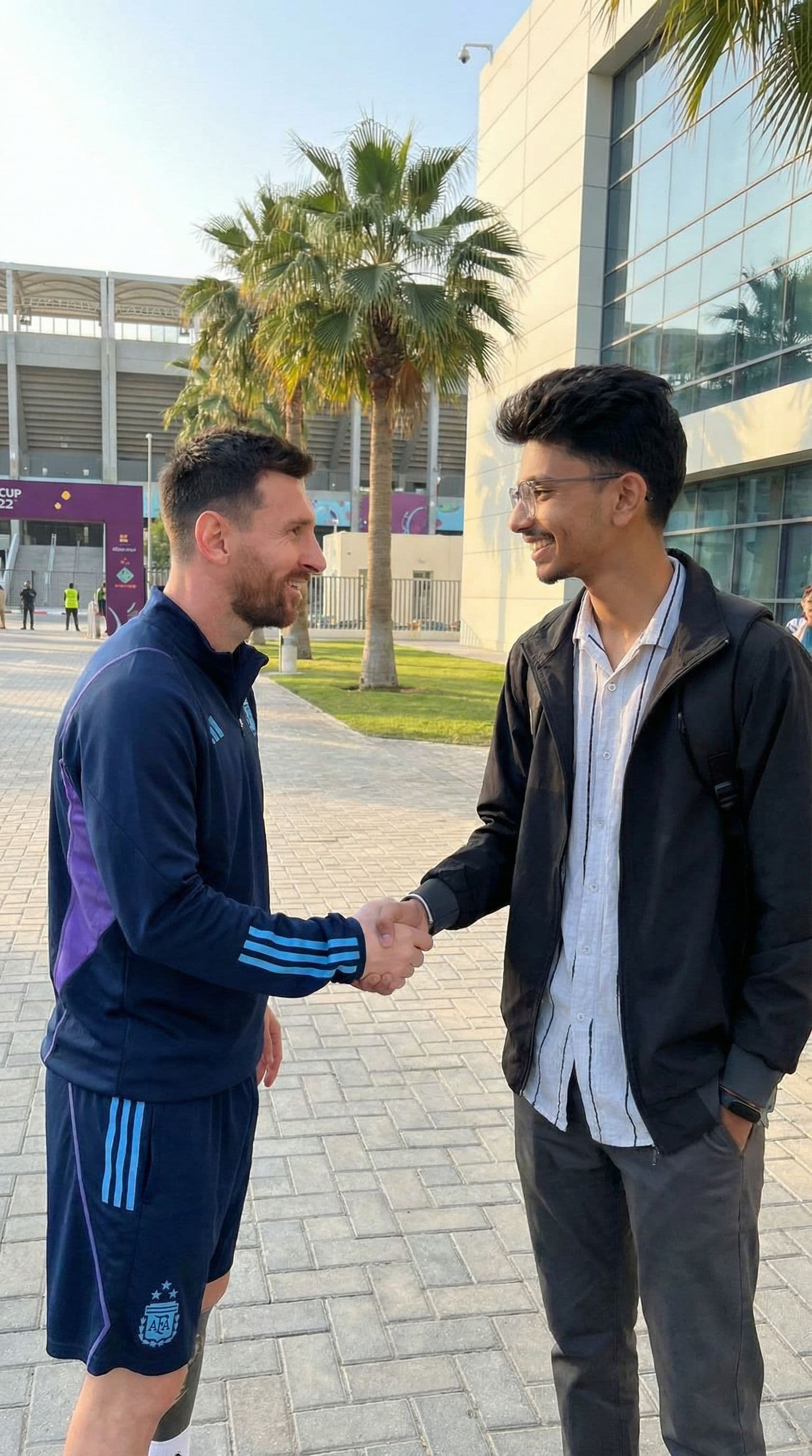 AI generated: Generate a image of me standing beside messi and shaking hands 
