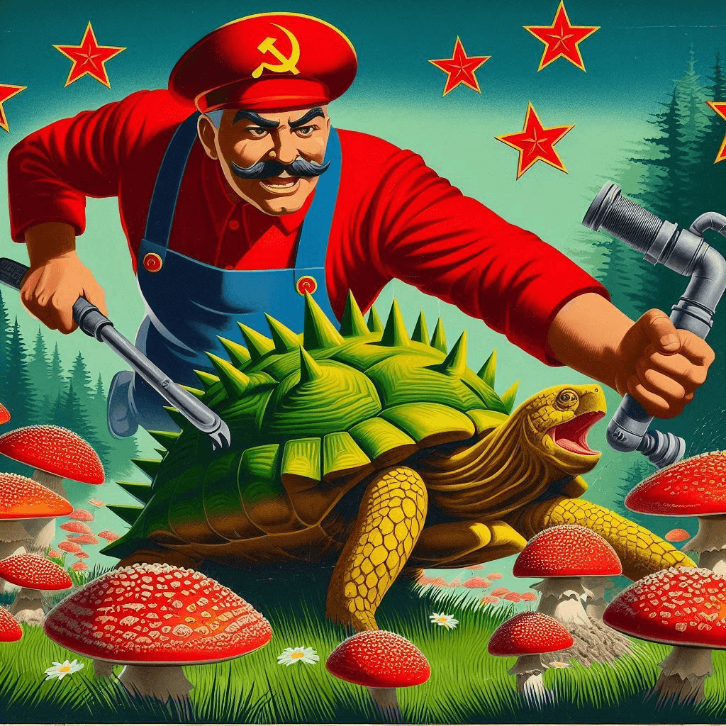 AI generated: Propaganda poster of a Soviet dictator as a plumber fighting a yellow tortoise in a green spiky shel...