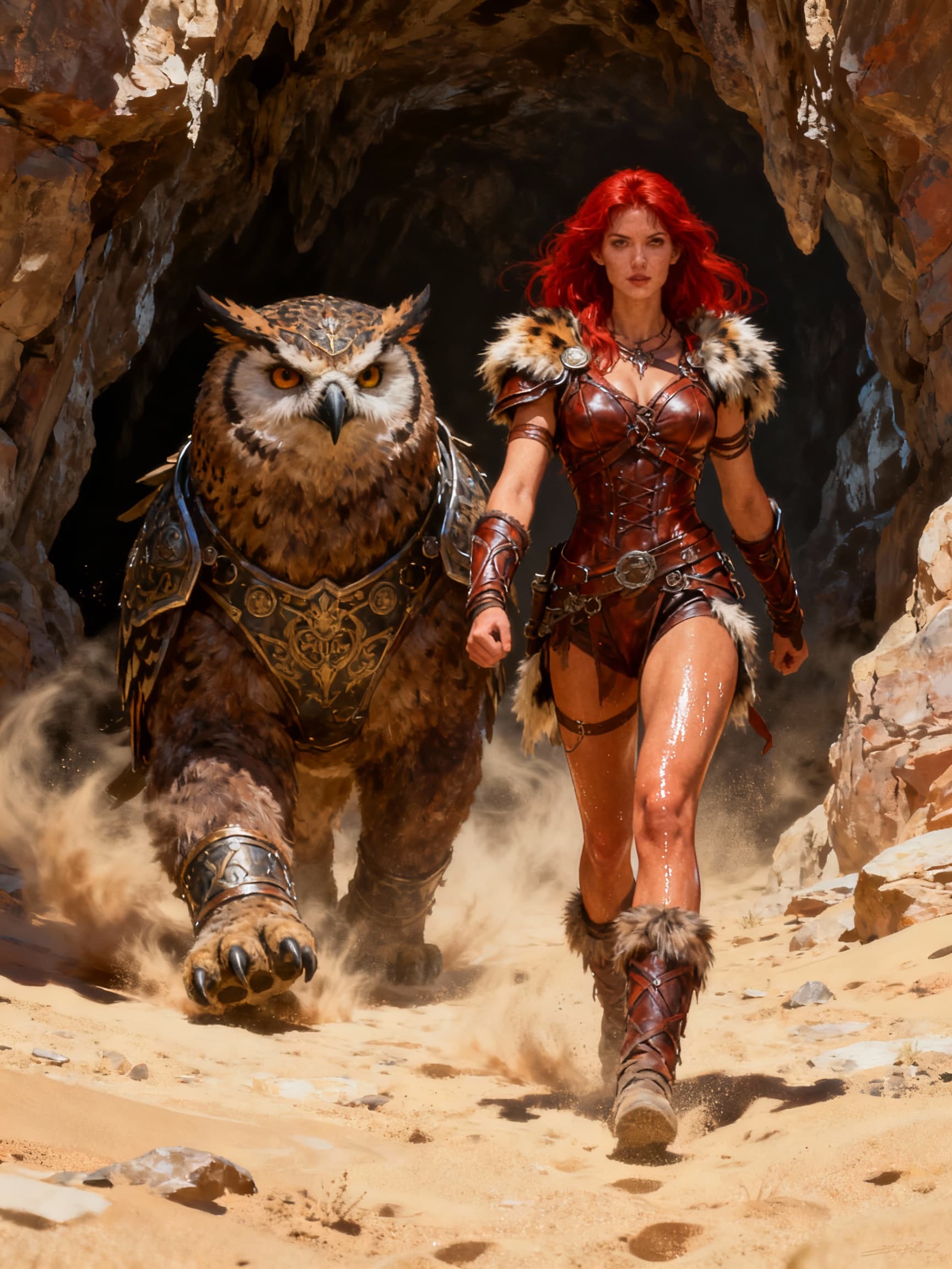 AI generated: A stunning red-haired warrior woman with a perfectly shaped body and a beautiful face,dressed in tig...