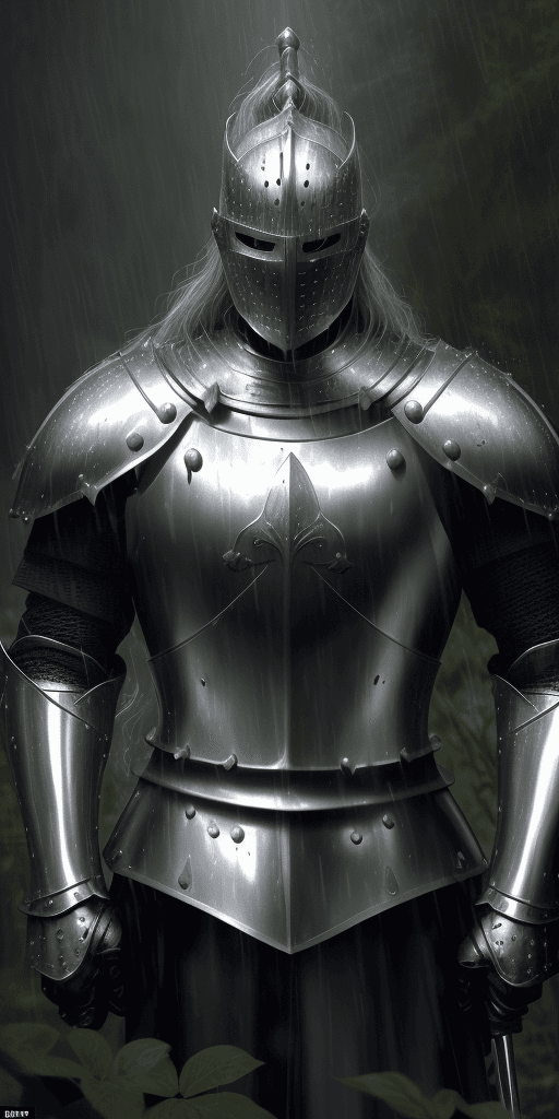AI generated: Generate a hyper-realistic portrait of a knight standing in a dense forest near a medieval village. ...