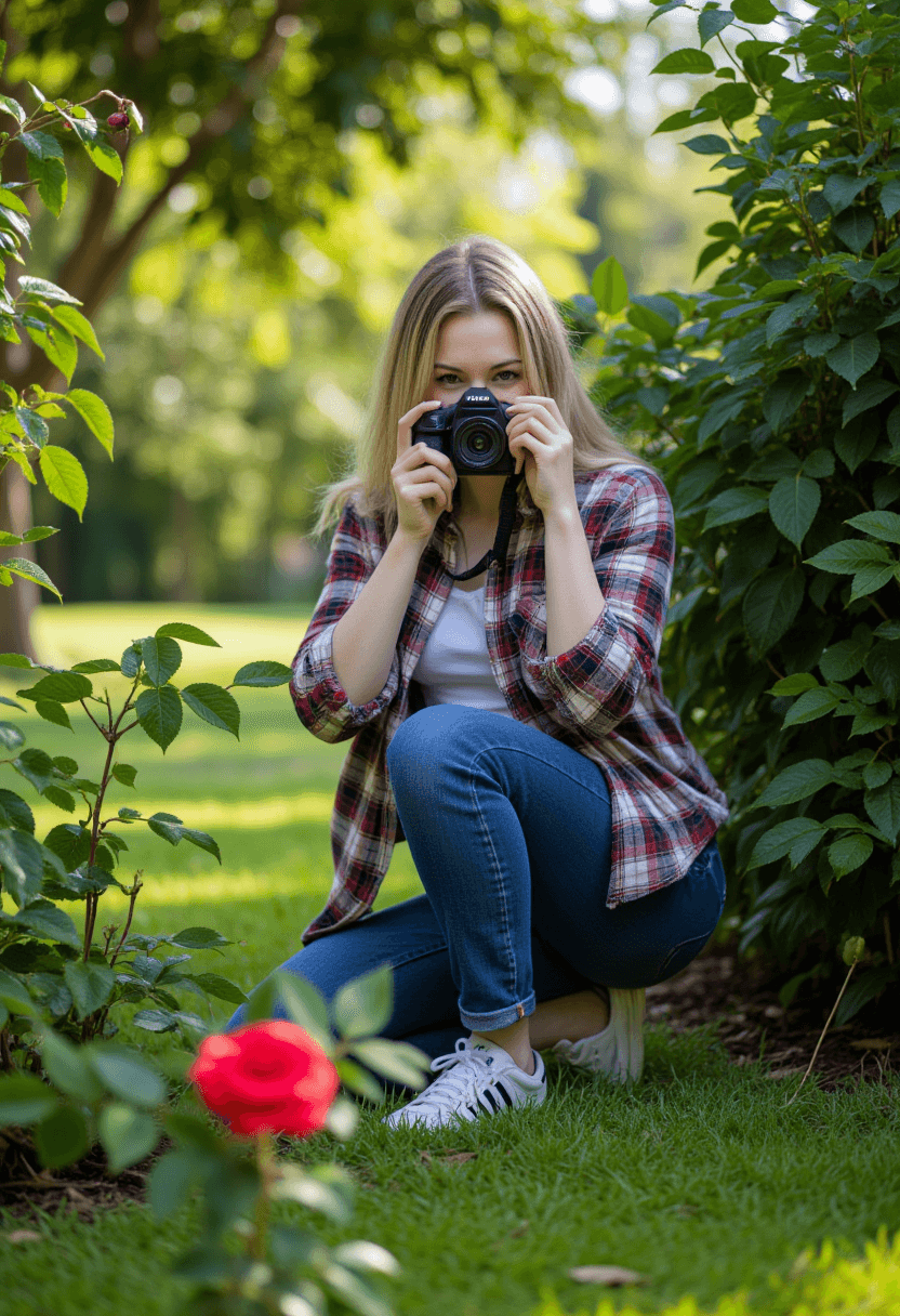 AI generated: A young woman with blonde hair in a casual outfit she kneels amidst lush greenery and bushes, her pl...