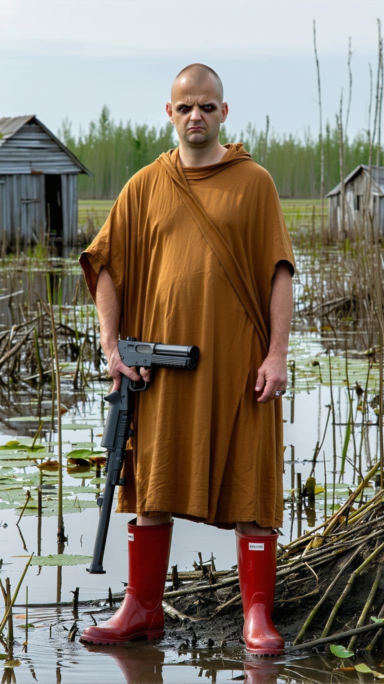 AI generated: An unshaven man, thin and emaciated, with an angry look, in a brown robe, in red rubber boots, holdi...