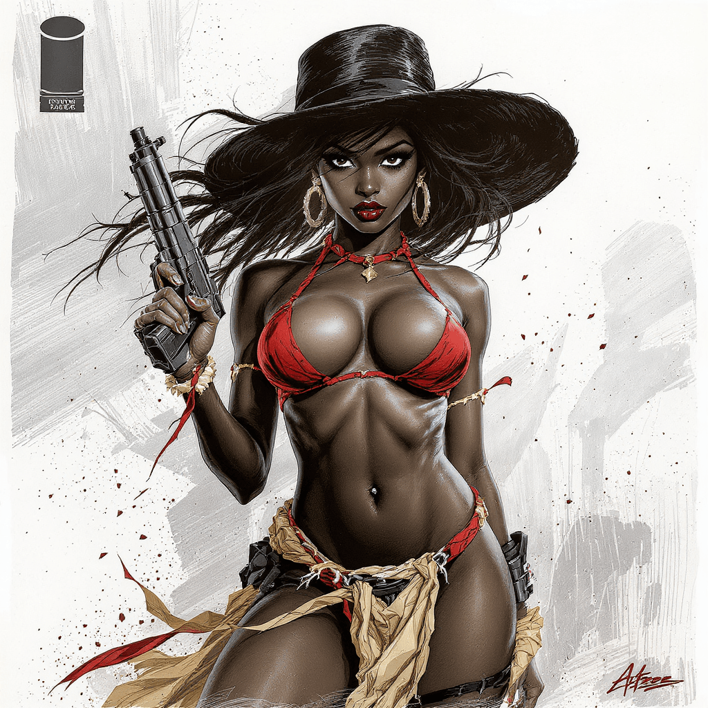 AI generated: Comic book cover illustration, full body shot of young beautiful African American woman, top model f...