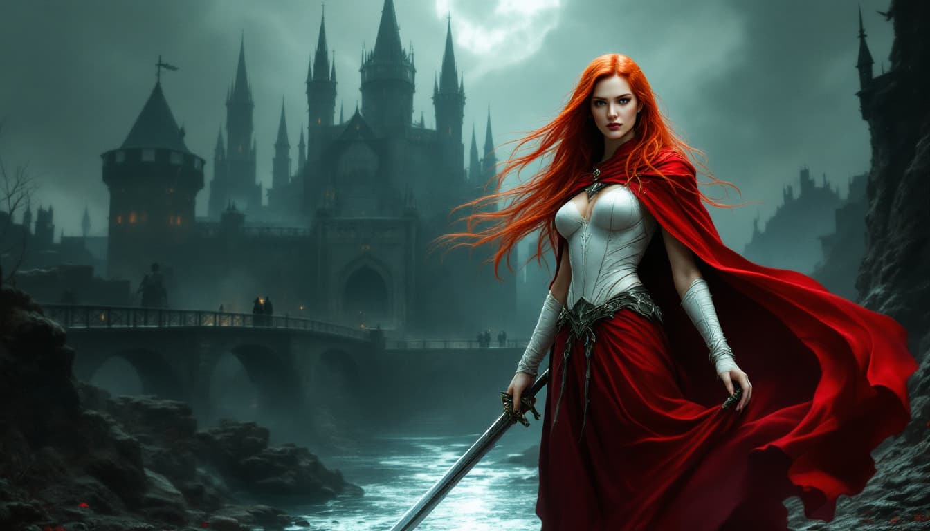 AI generated: a woman with long, flowing red hair and a white bodice with a red cape, standing in a dark and omino...