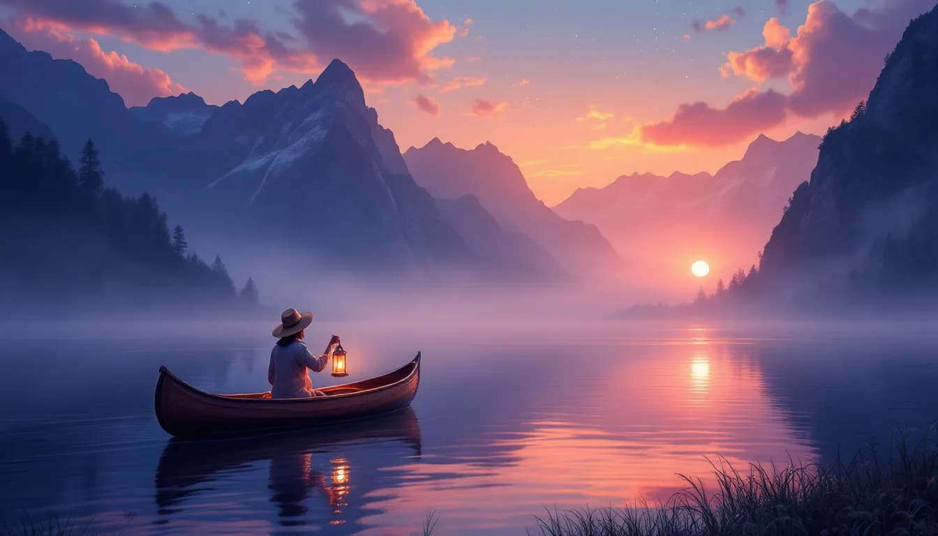 AI generated: Imagine a serene landscape at twilight, where a tranquil lake reflects a vivid sunset, surrounded by...