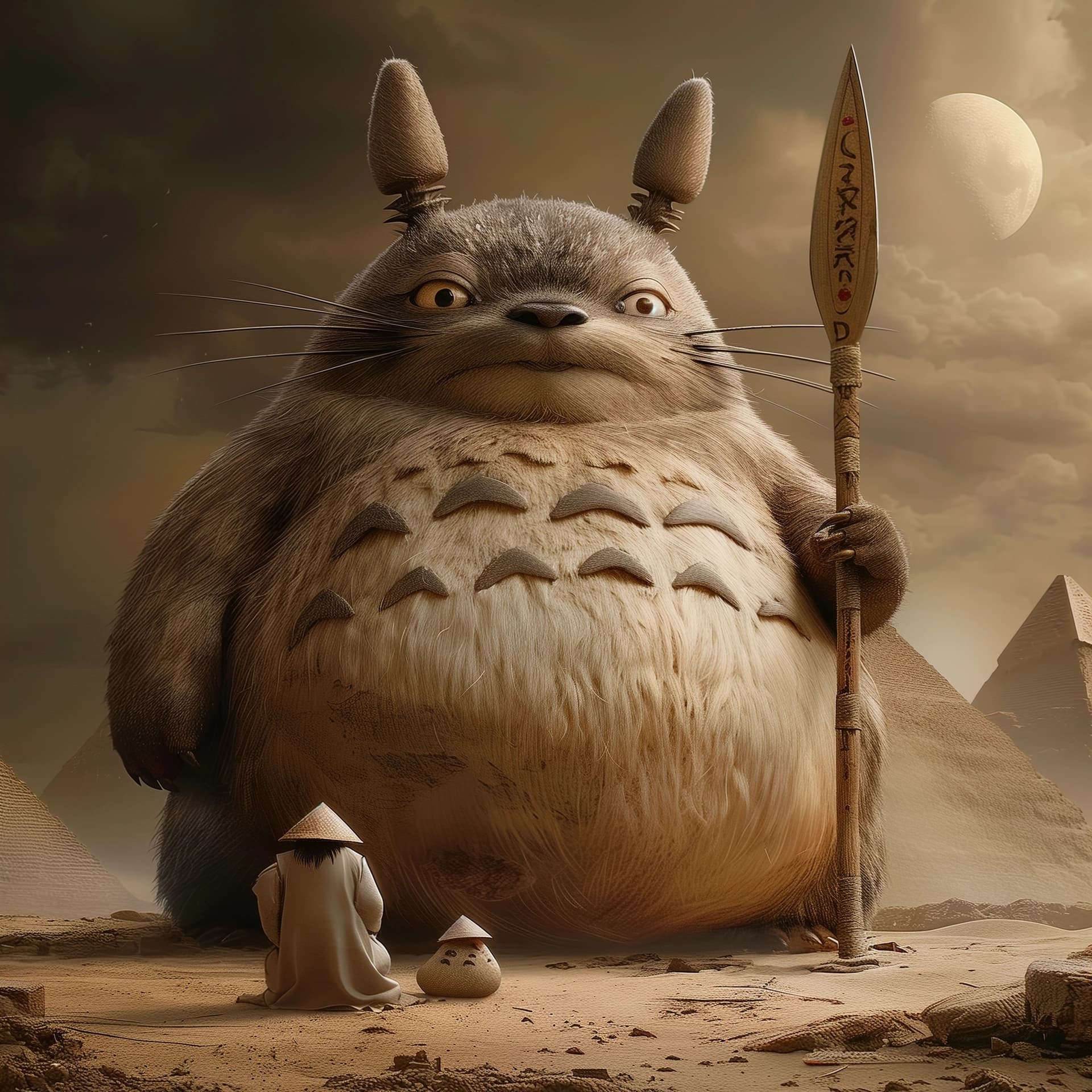 AI generated: Totoro at Giza --personalize nwnd4j3 --stylize 600