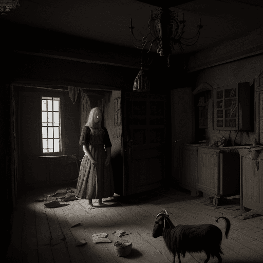 AI generated: An scary horror interior of a house from the middle ages, a poor house, very old. there is a girl wi...