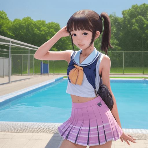 AI generated: petite school girl, sweating,  school, talking with hers friends close to the pools, cute, summer