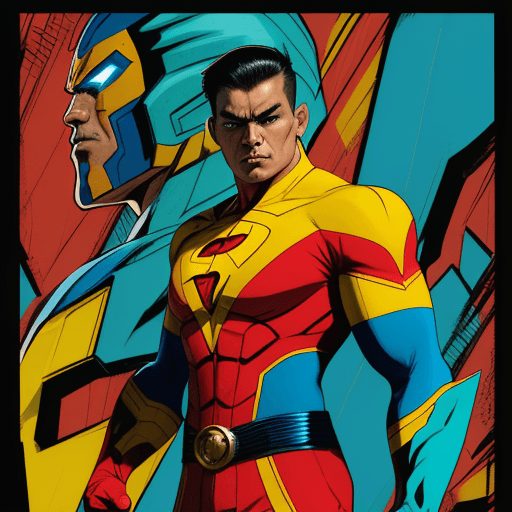 AI generated: an image of a man dressed like a superhero with his fists and arm, in the style of chicano art, dark...