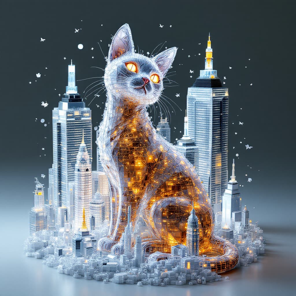 AI generated: A captivating 3D sculpture of a cat, meticulously crafted using an enchanting array of tiny transpar...