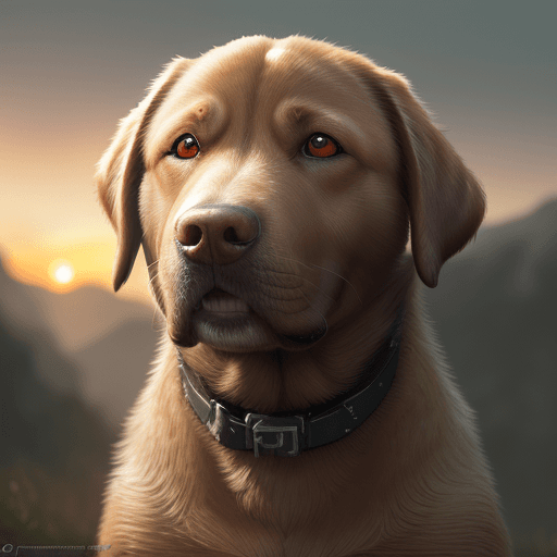 AI generated: Photo of a ultra realistic de un perro labrador color miel, ojos verdes, dramatic light, pale sunris...