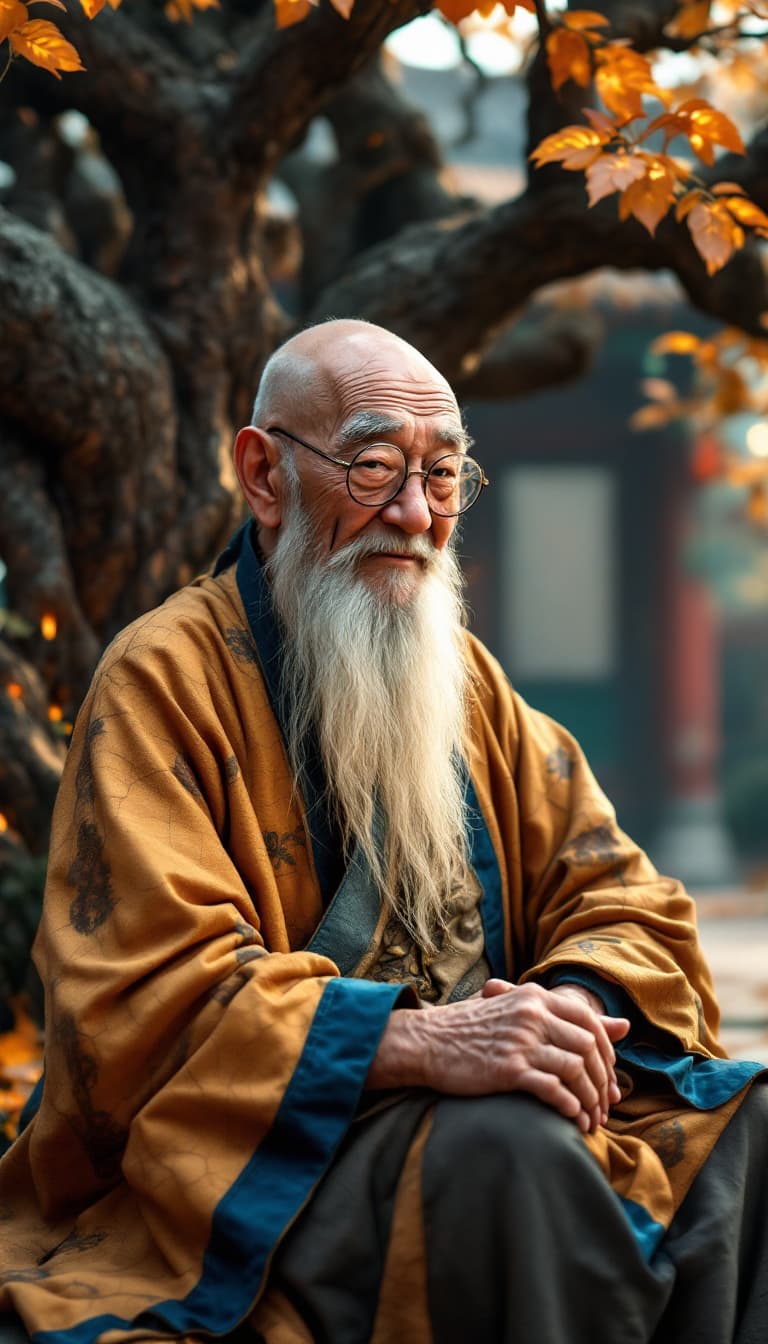 AI generated: A hyper-realistic image of an elderly Chinese sage in his 80s; deeply wrinkled face, wise eyes behin...