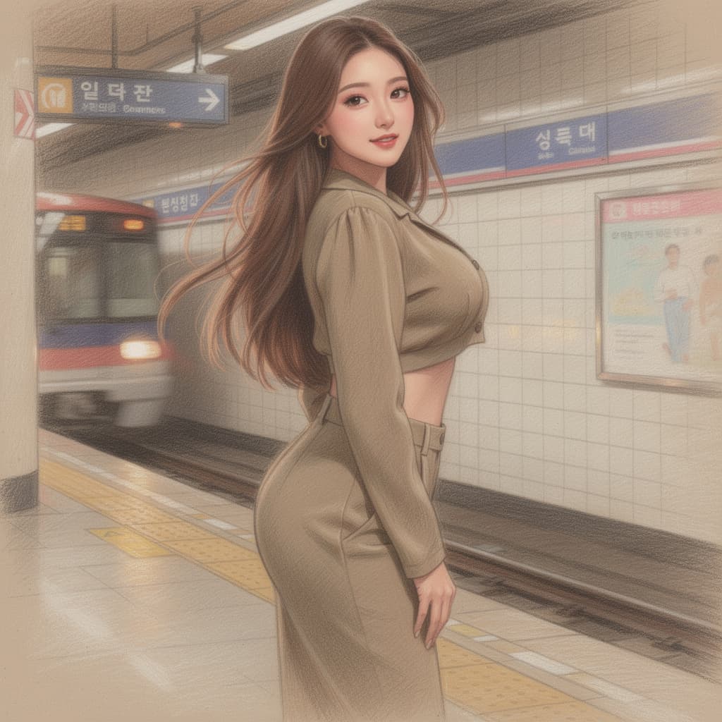 AI generated: a brunette sexy korean woman, in the style of natural, big chest, in metro station, pastel drawing a...